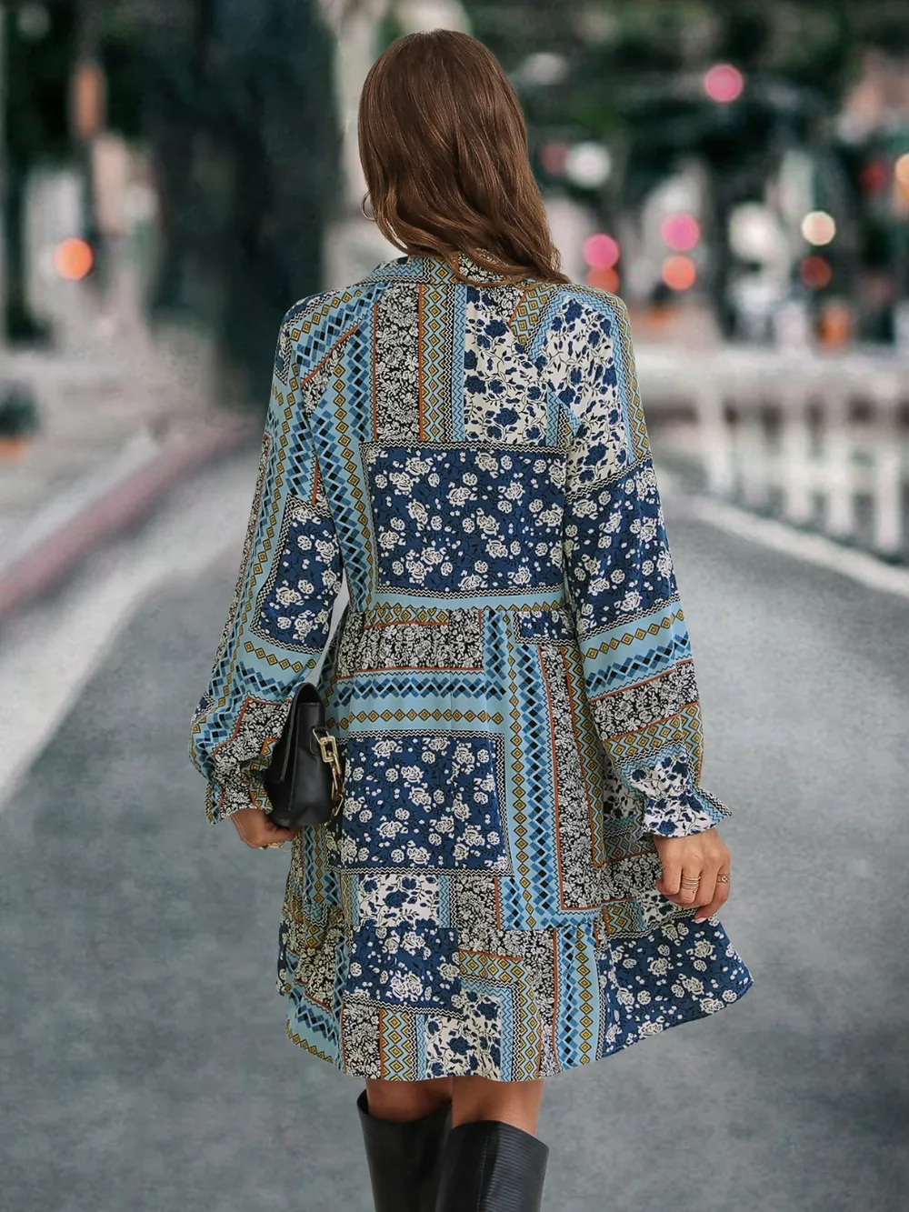 Printed Tie Front Flounce Sleeve Dress, image 2
