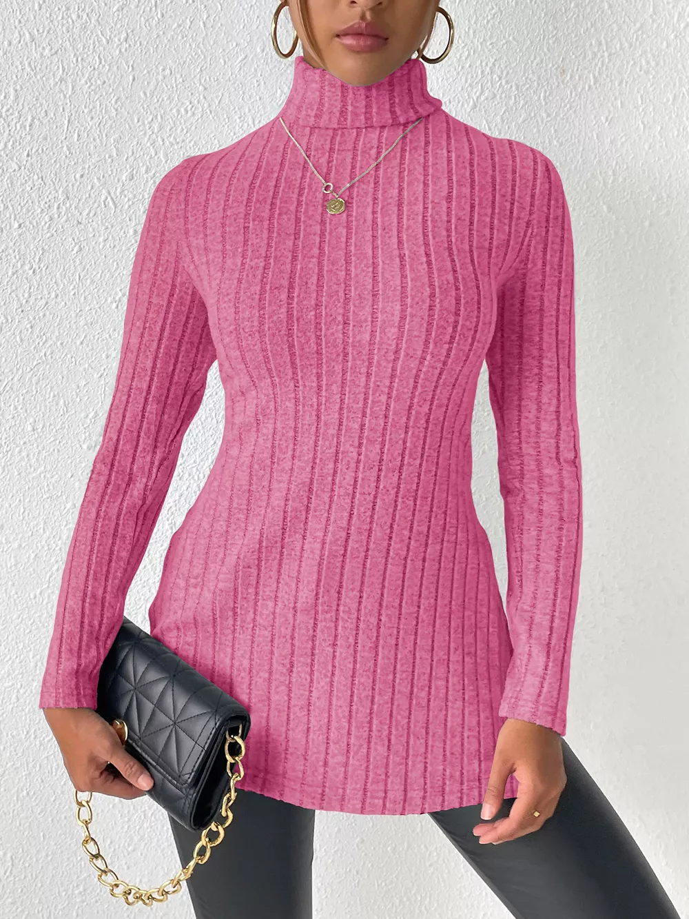 Ribbed Turtleneck Long Sleeve Slit T-Shirt, image 6