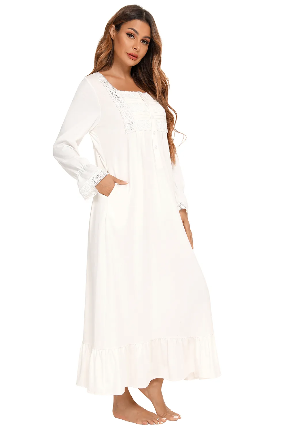 Lace Detail Square Neck Flounce Sleeve Night Dress, image 8