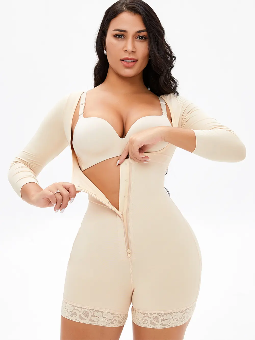 Full Size Zip Up Lace Detail Long Sleeve Shapewear, image 3
