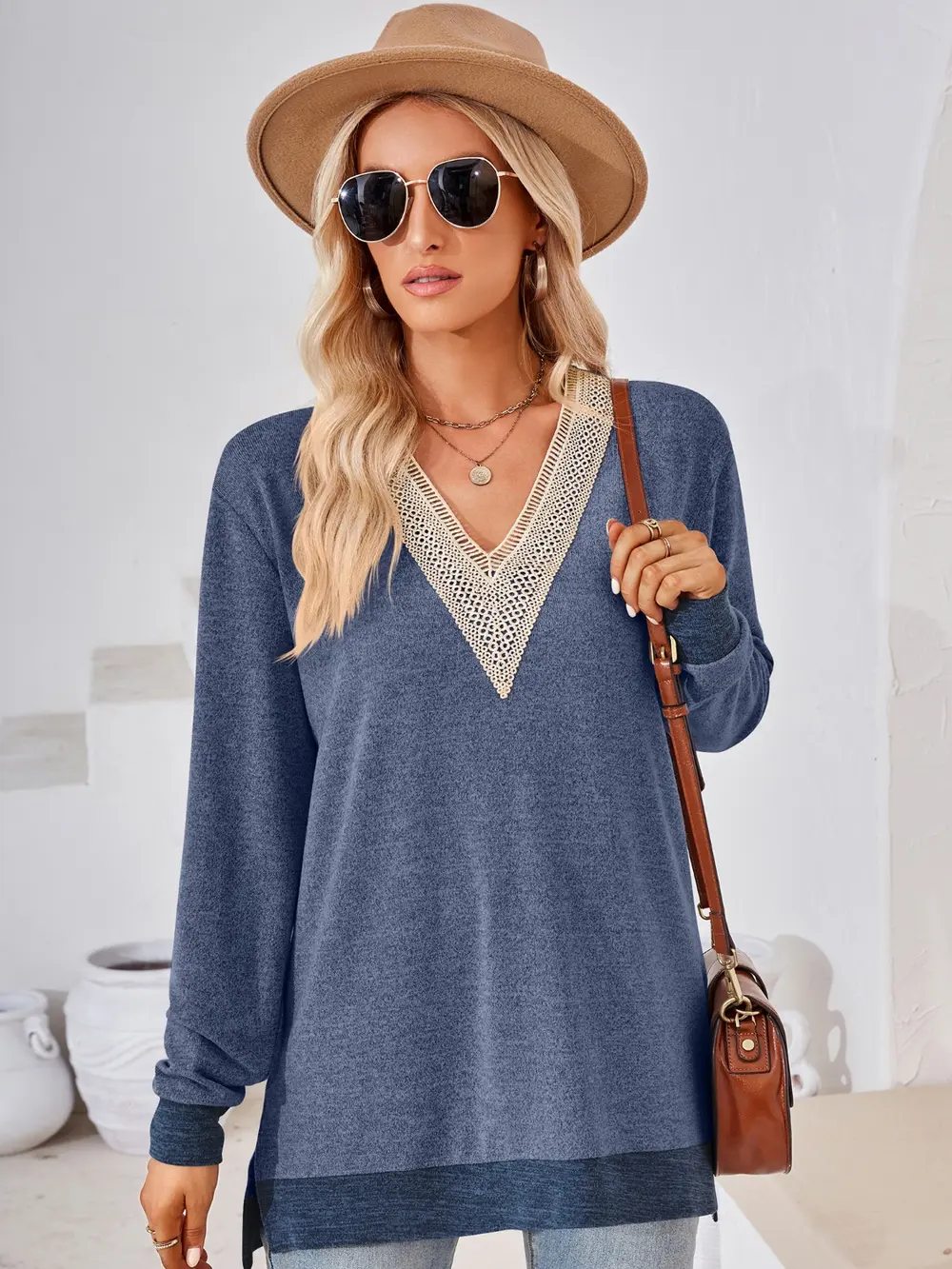 Crochet Contrast V-Neck Long Sleeve Slit T-Shirt, image 4
