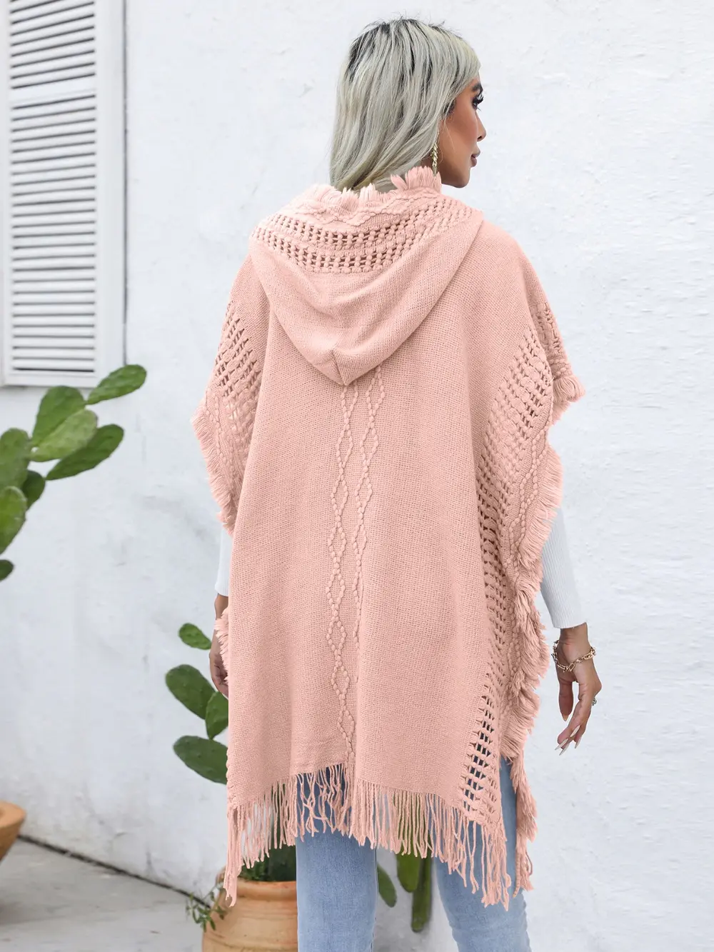 Fringe Trim Buttoned Hooded Poncho, image 9