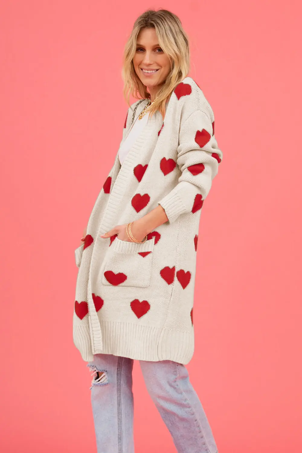 Heart Graphic Open Front Cardigan with Pockets, image 6