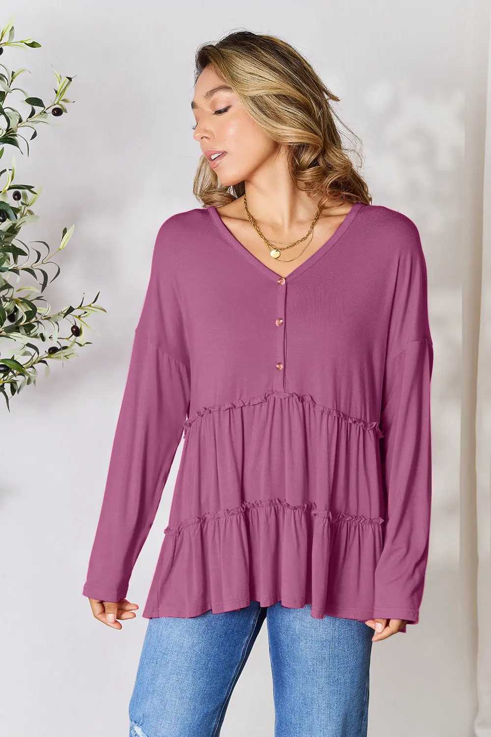 Half Button Long Sleeve Ruffle Hem Blouse, image 3