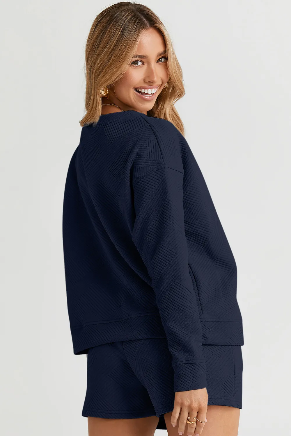 Full Size Texture Long Sleeve Top and Drawstring Shorts Set, image 7