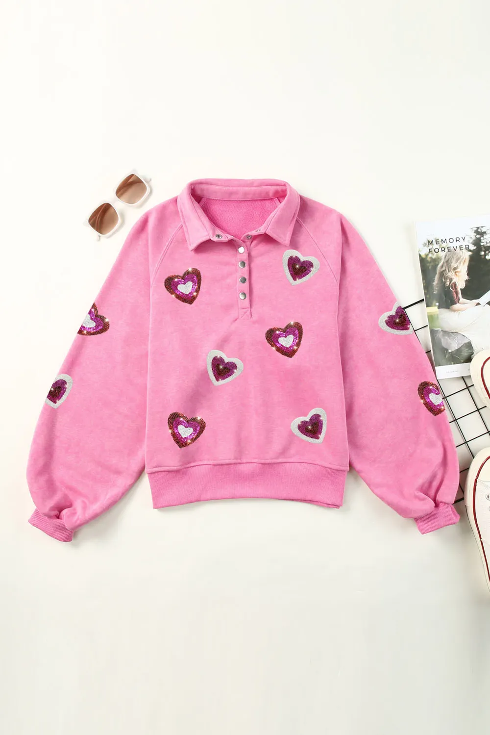 Heart Sequin Half Snap Mineral Wash Sweatshirt, image 3