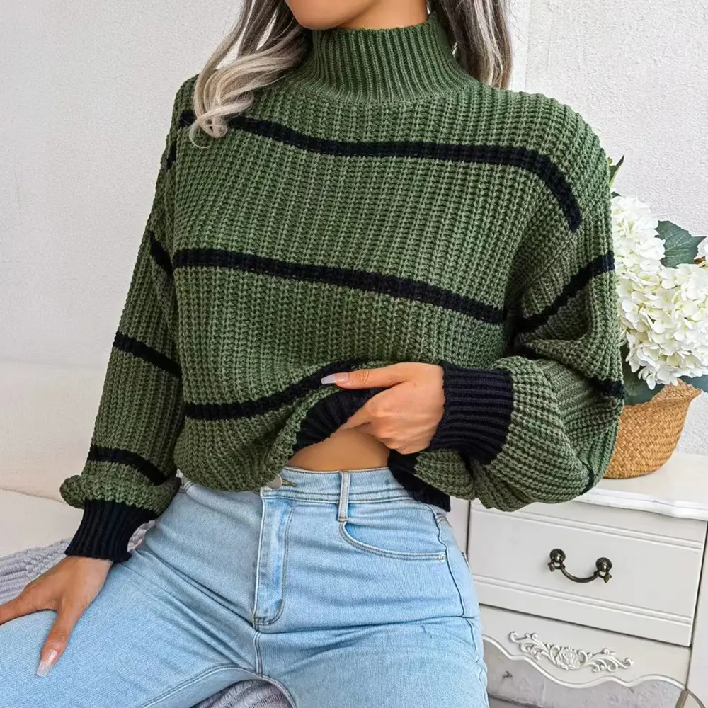 Striped Mock Neck Dropped Shoulder Sweater, image 8