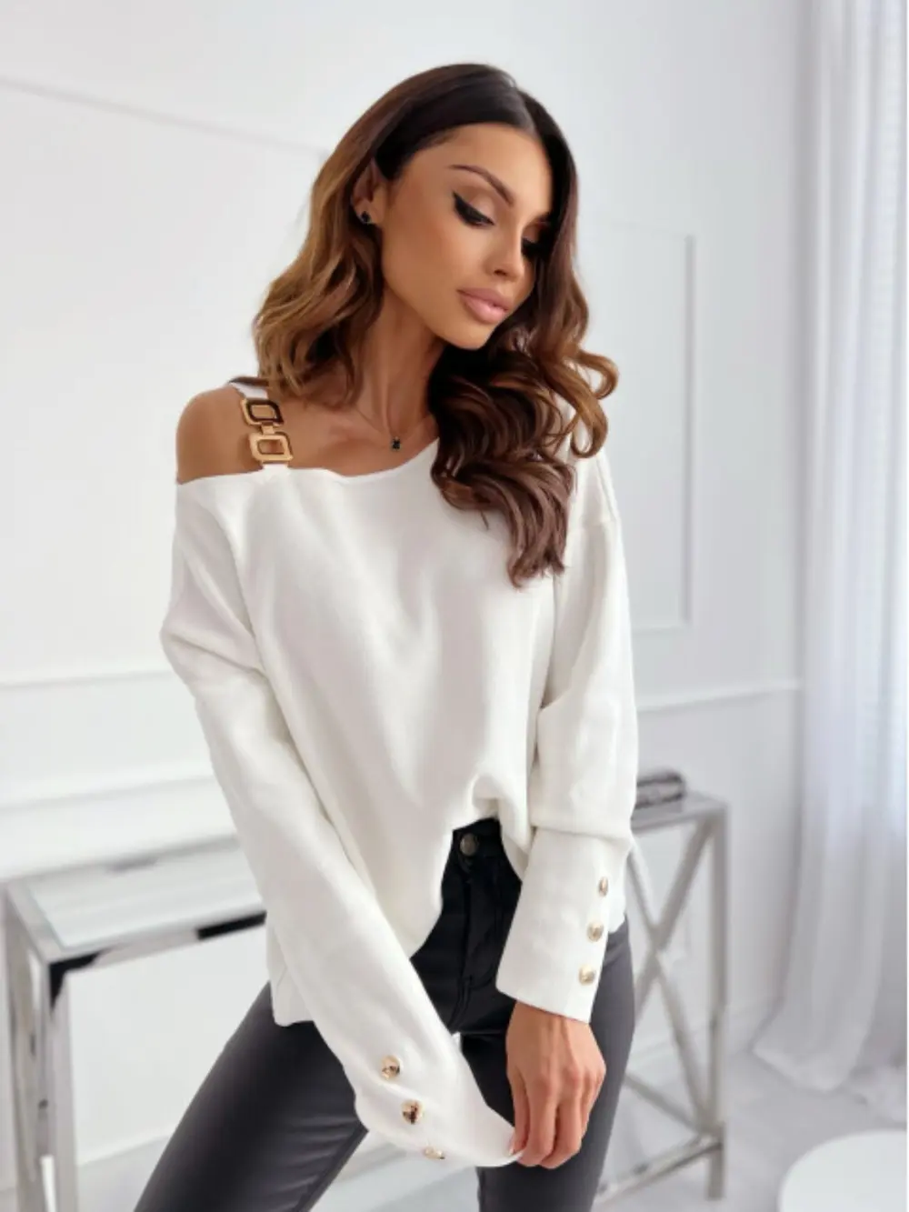 Asymmetrical Neck Buttoned Top, image 7