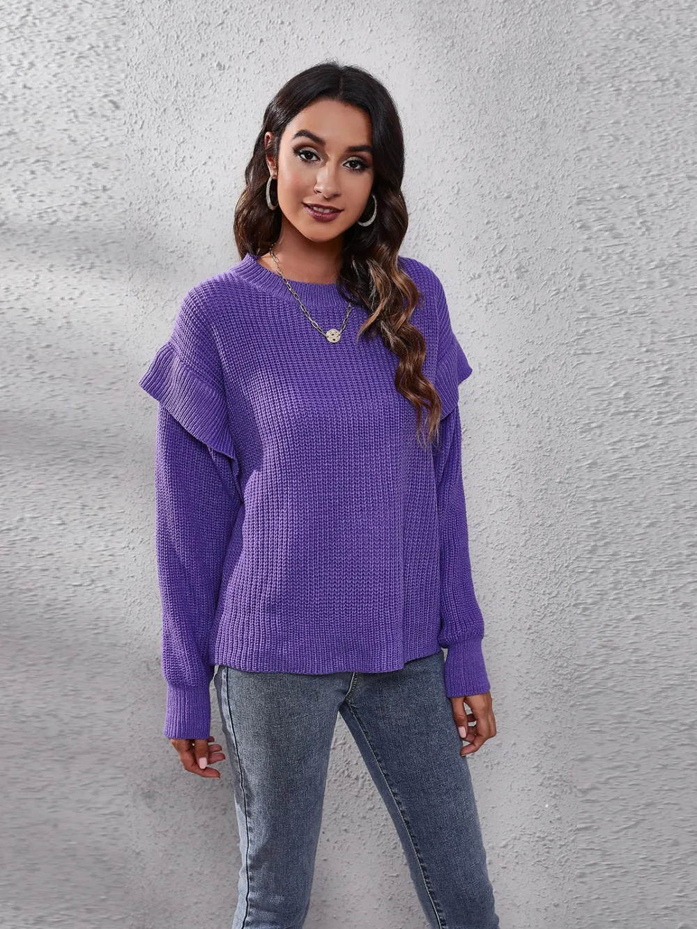 Ruffled Round Neck Dropped Shoulder Sweater, image 4