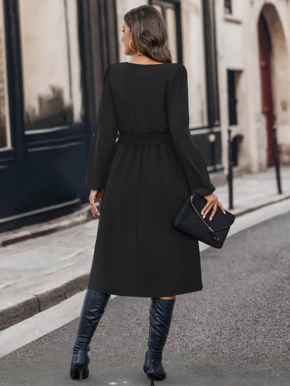 Buttoned Tie Front Long Sleeve Asymmetrical Neck Dress, image 4