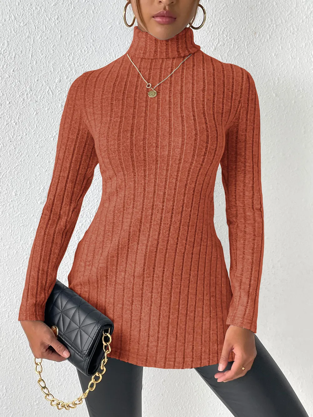 Ribbed Turtleneck Long Sleeve Slit T-Shirt, image 14