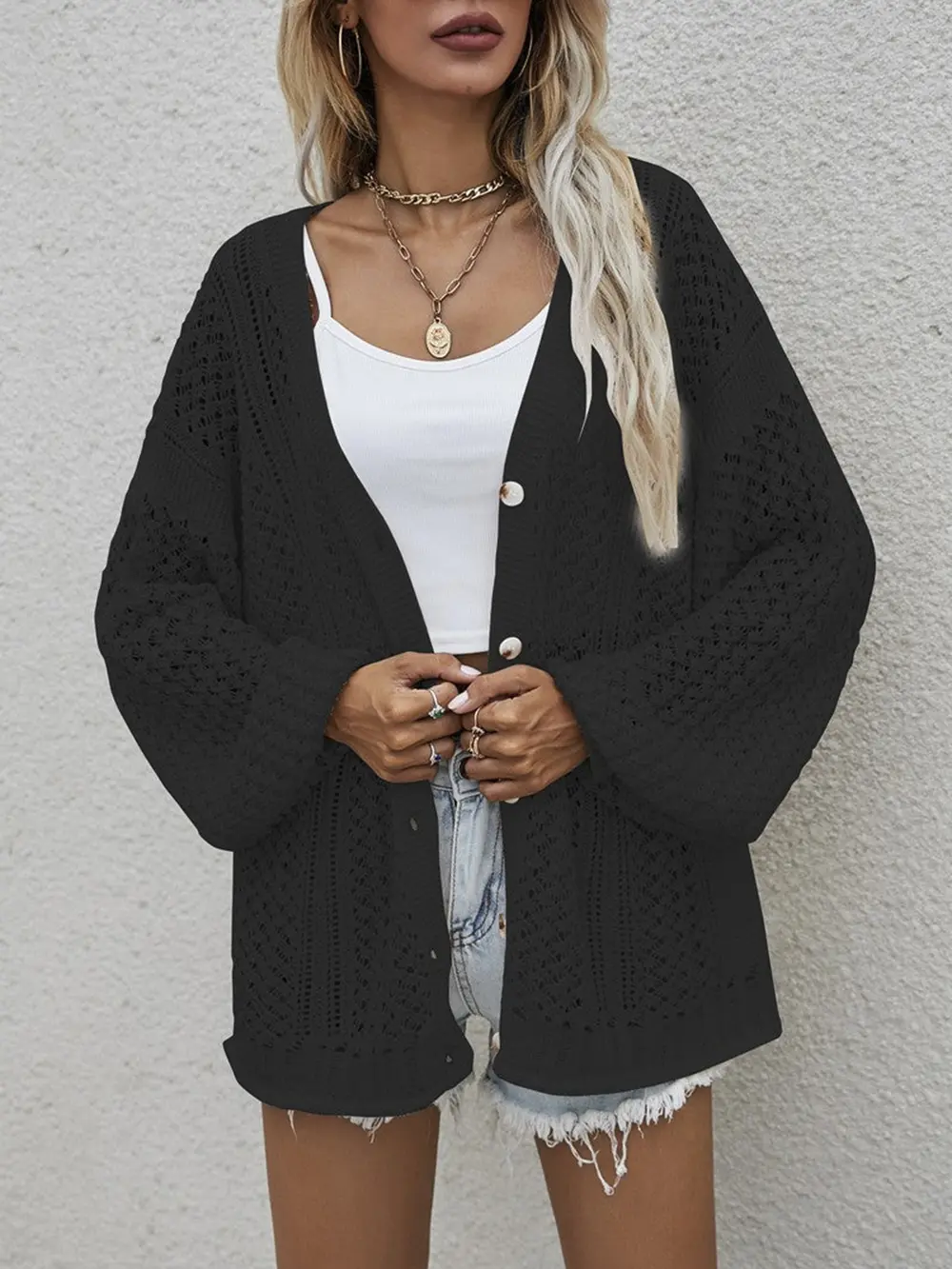 Openwork Button Front Cardigan, image 5