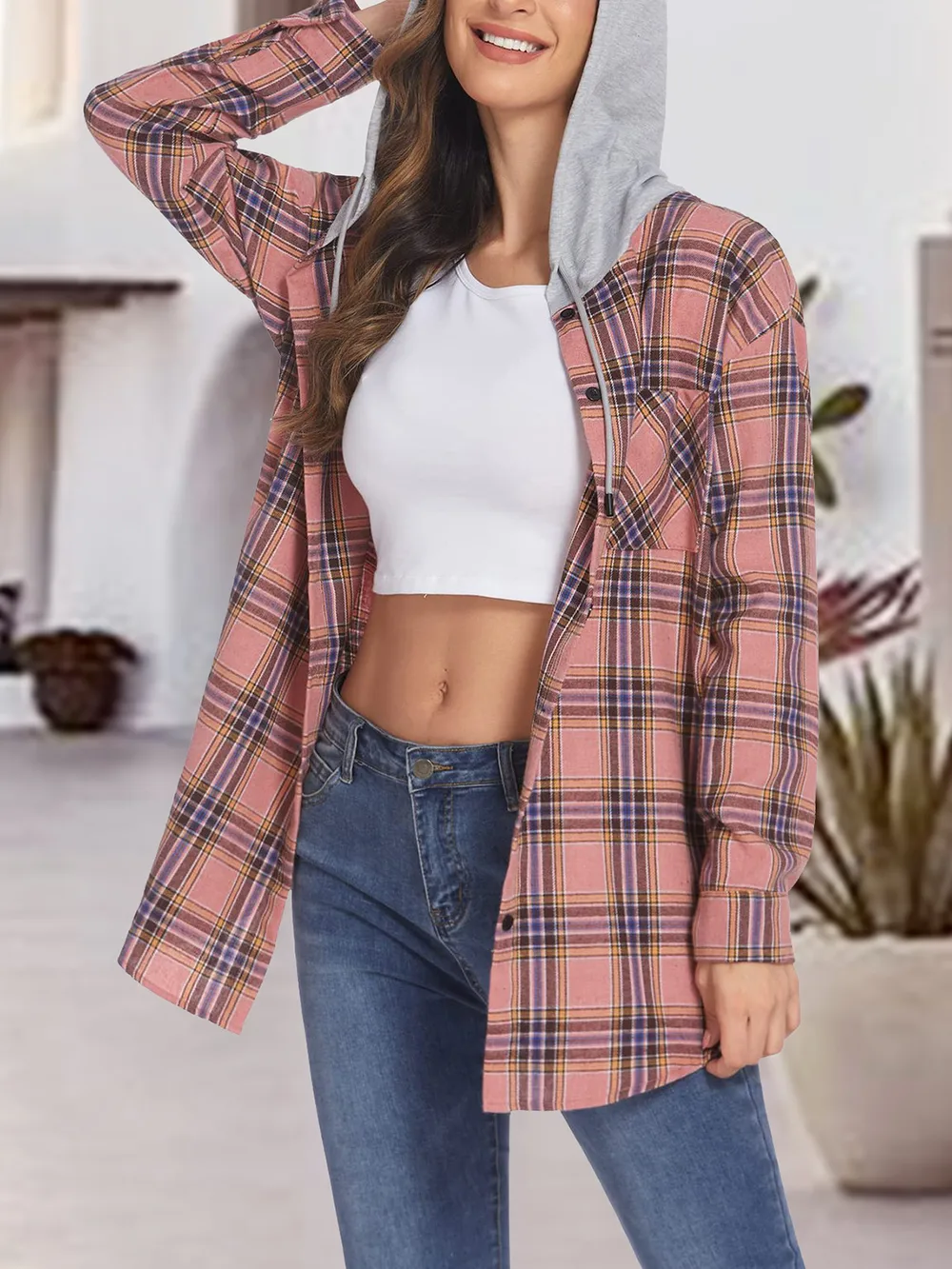 Plaid Drawstring Button Up Hooded Jacket, image 15