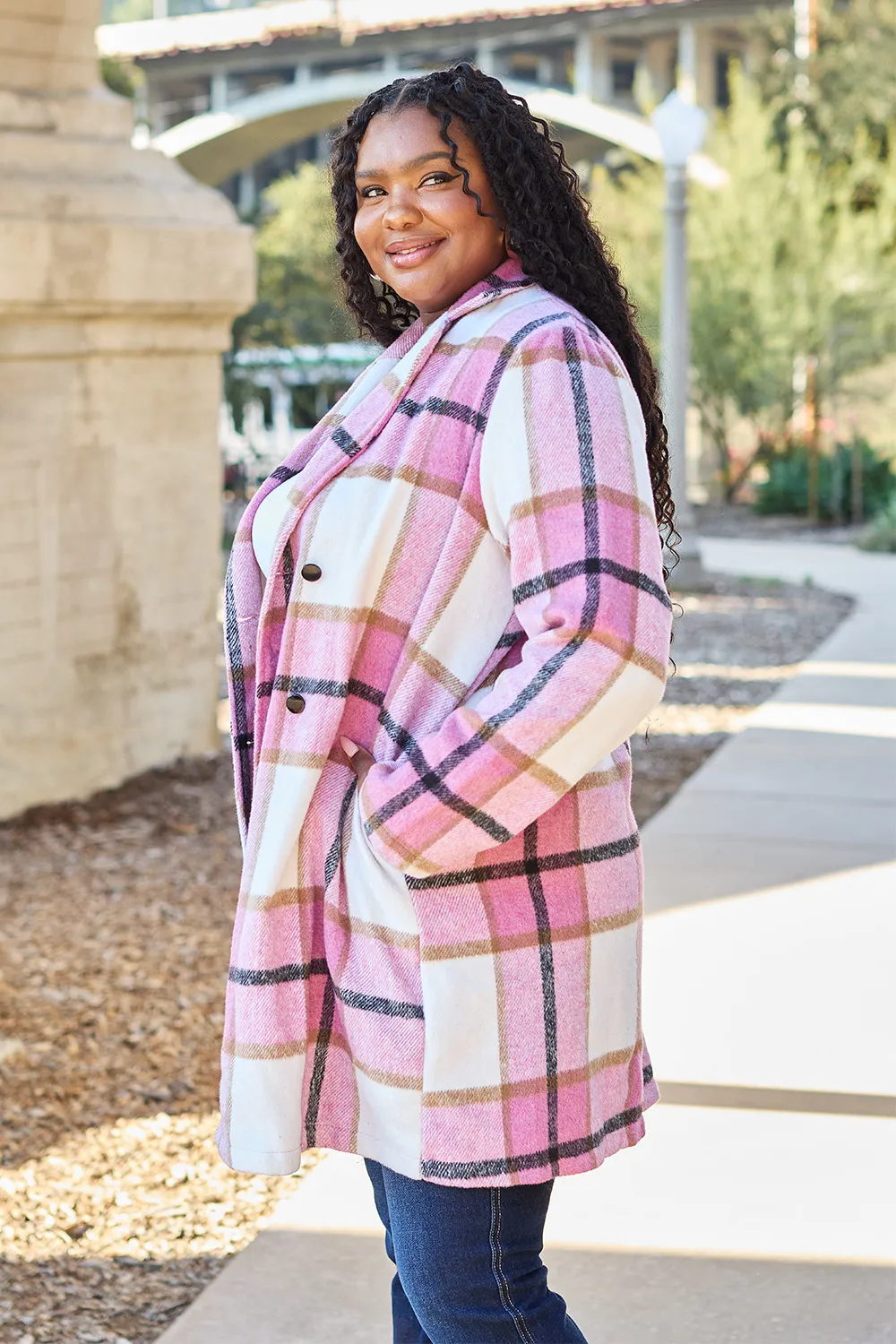 Full Size Plaid Button Up Lapel Collar Coat, image 6