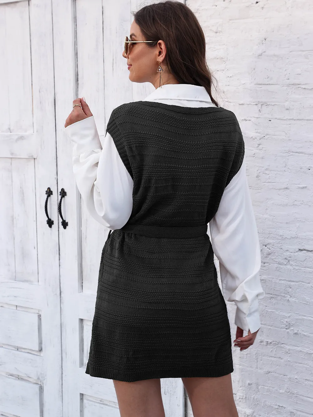 Tie Front V-Neck Sleeveless Slit Sweater Dress, image 7