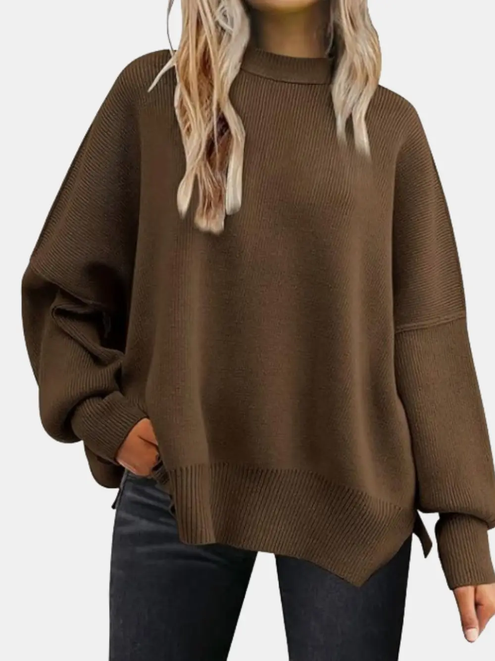Round Neck Drop Shoulder Slit Sweater, image 13