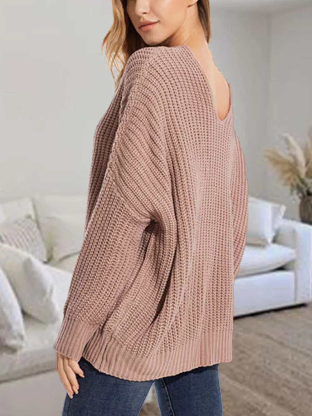 V-Neck Batwing Dropped Shoulder Sweater, image 3