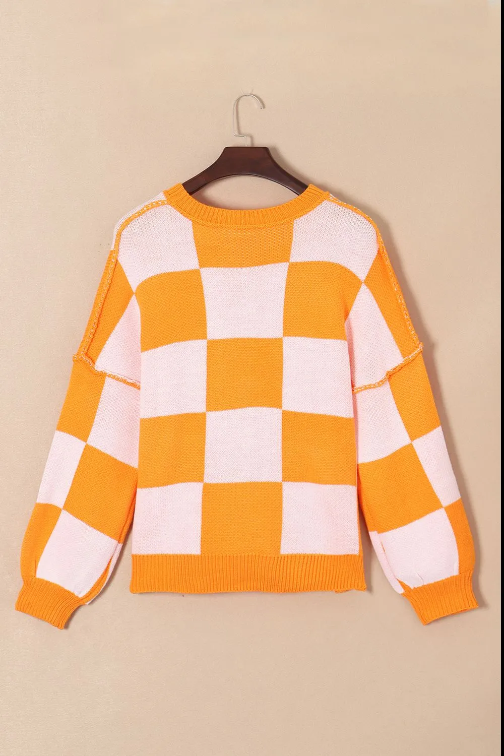 Checkered Exposed Seam Drooped Shoulder Sweater, image 3