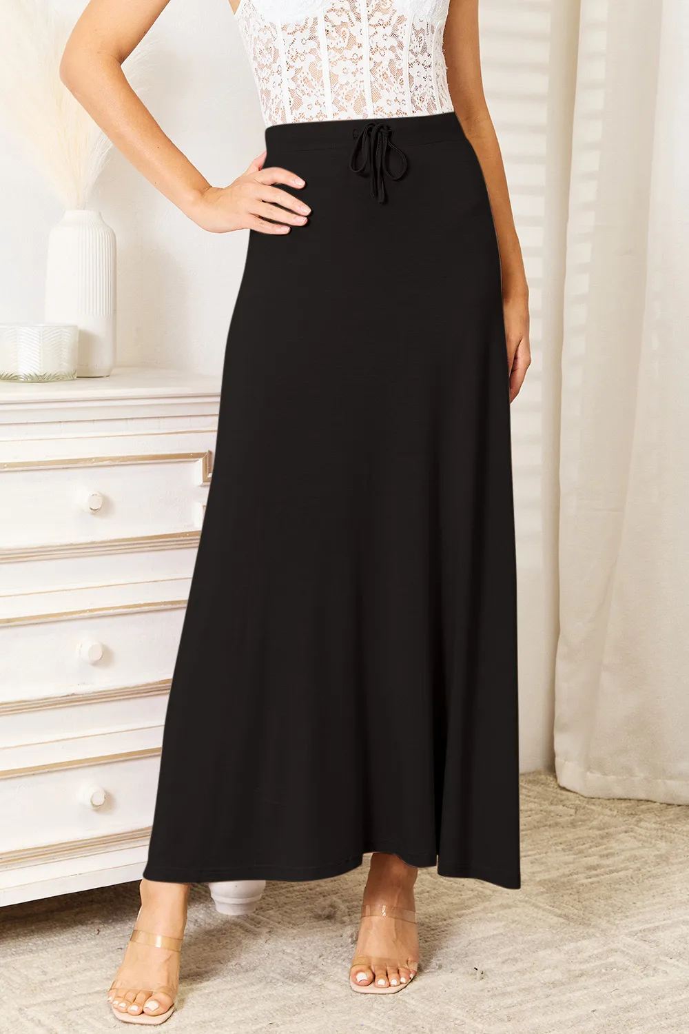 Full Size Soft Rayon Drawstring Waist Maxi Skirt, image 9