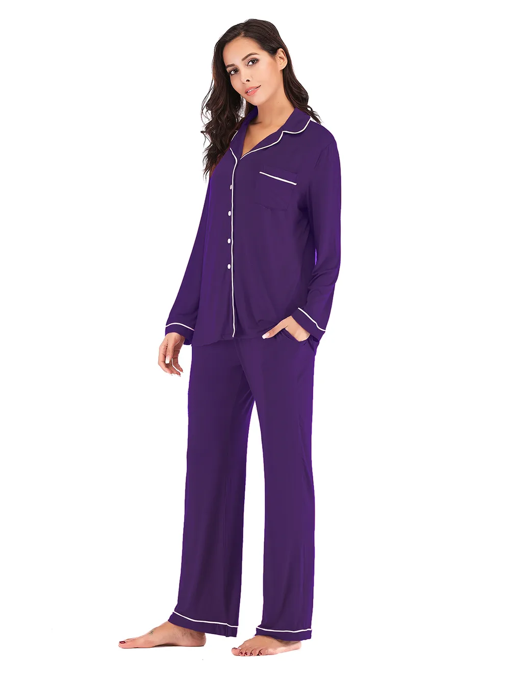 Collared Neck Long Sleeve Loungewear Set with Pockets, image 9