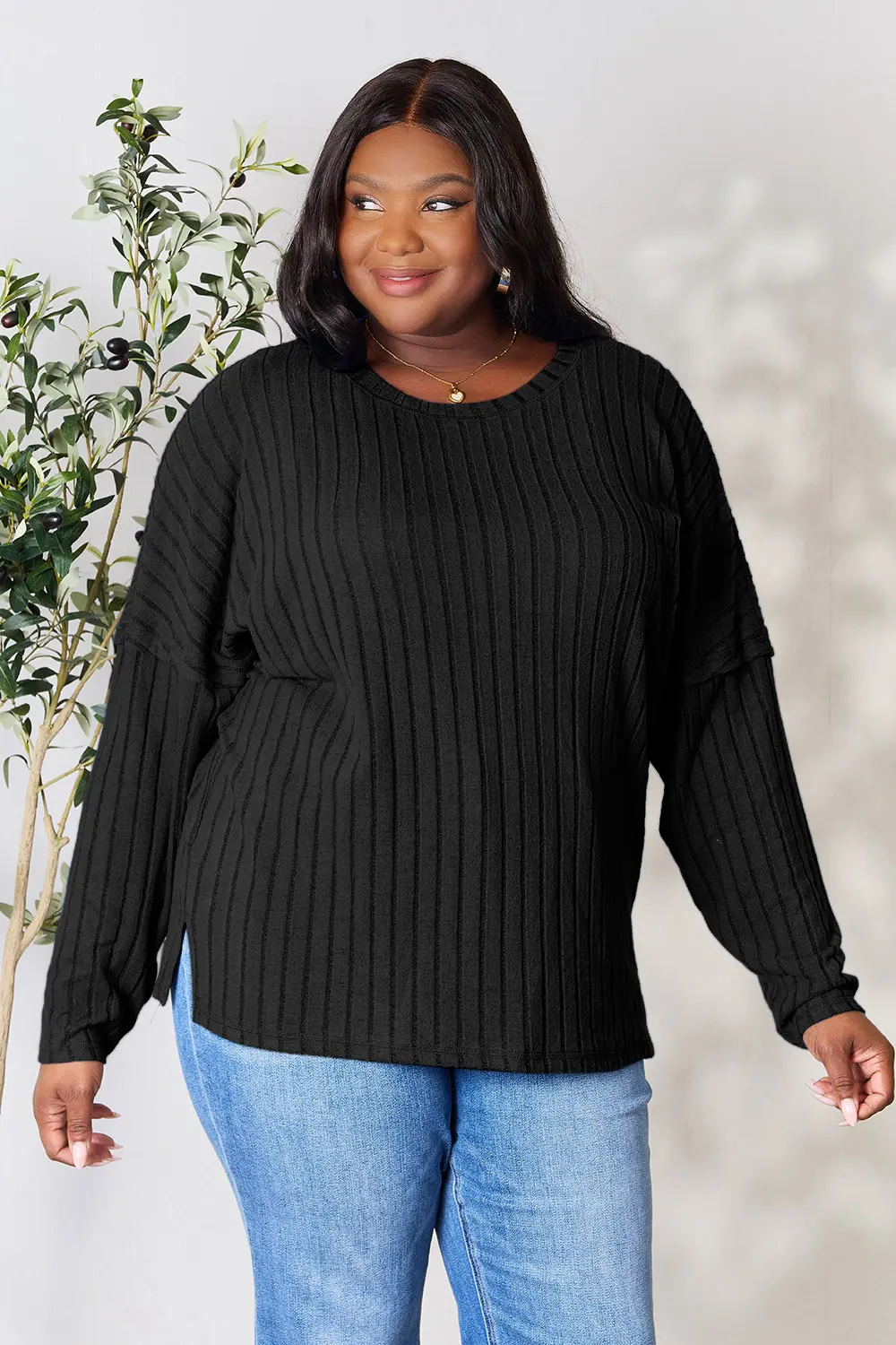 Full Size Ribbed Round Neck Slit Knit Top, image 9
