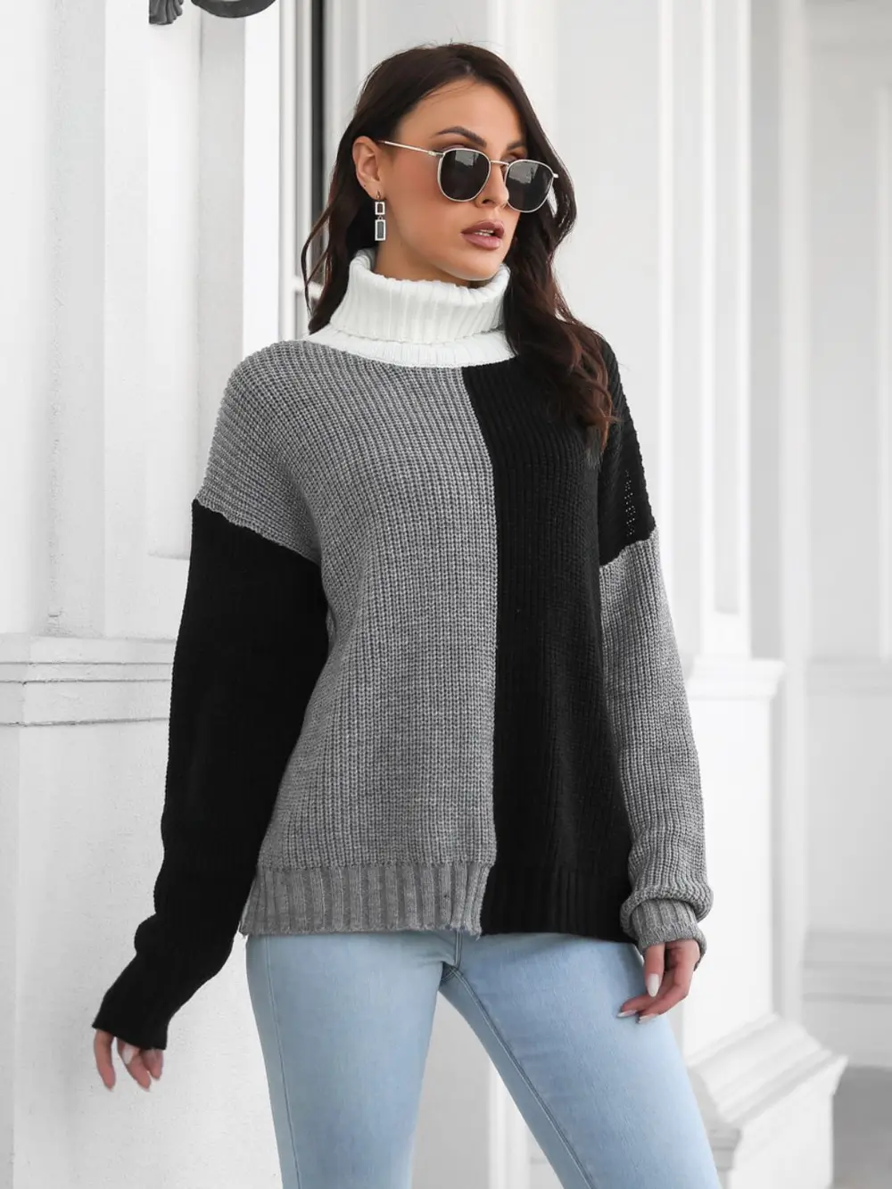 Contrast Turtleneck Long Sleeve Sweater, image 3