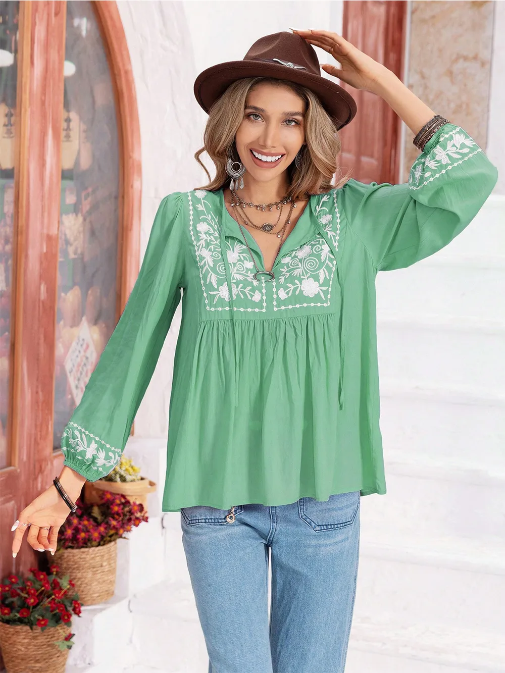 Floral Tie Neck Balloon Sleeve Blouse, image 3