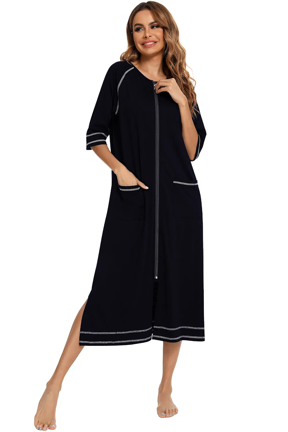 Zip Up Slit Round Neck Night Dress with Pockets, image 26