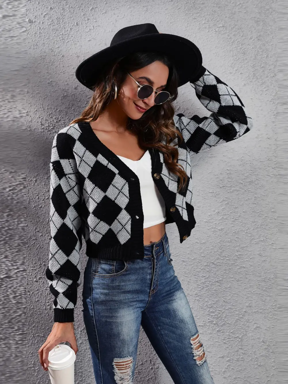 Geometric Button Up Long Sleeve Cardigan, image 10