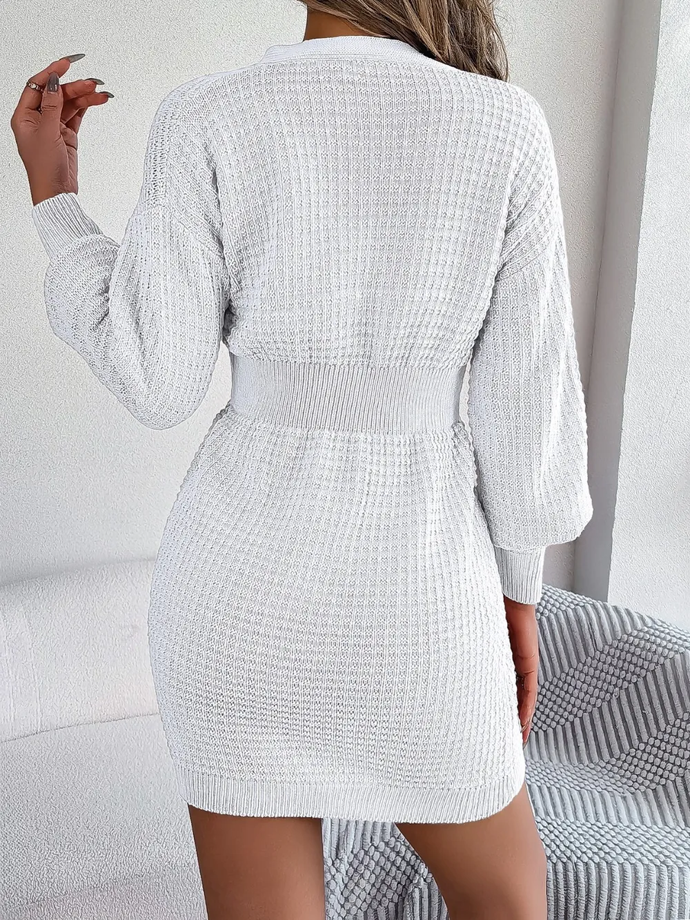 Buttoned Cable-Knit V-Neck Sweater Dress, image 9
