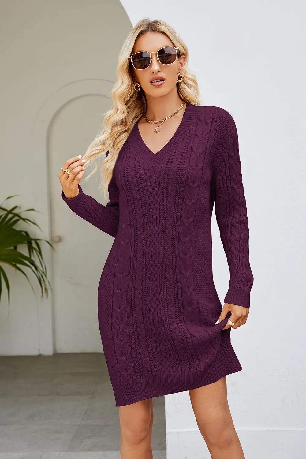 Cable-Knit Long Sleeve Sweater Dress, image 8