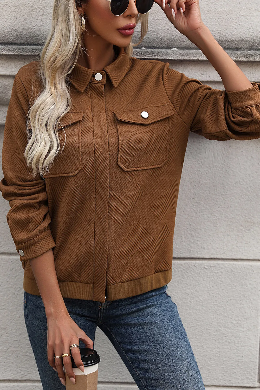 Textured Zip Up Collared Neck Jacket, image 3