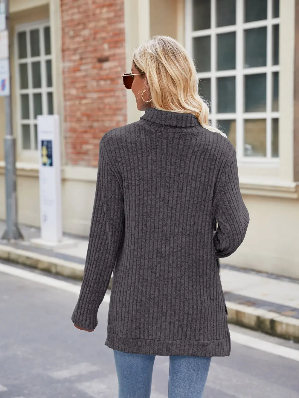 Ribbed Turtleneck Long Sleeve Slit Knit Top, image 25