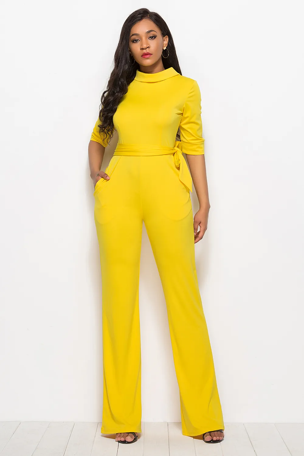 Mock Neck Tie-Waist Half Sleeve Jumpsuit, image 8