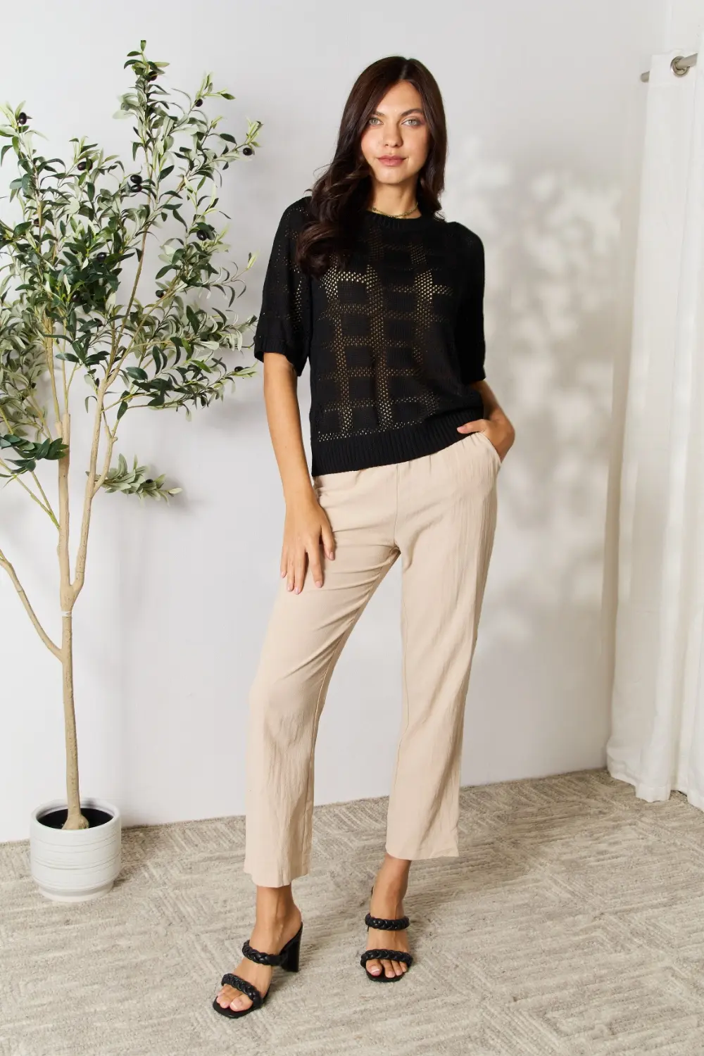 Ribbed Trim Round Neck Knit Top, image 3