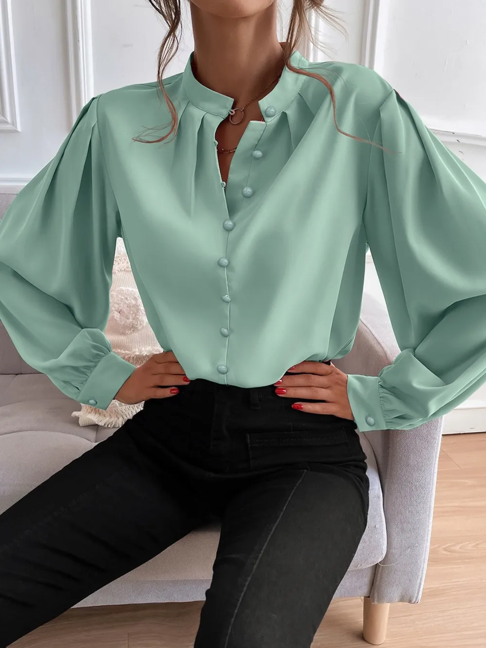 Mock Neck Button Front Shirt, image 4