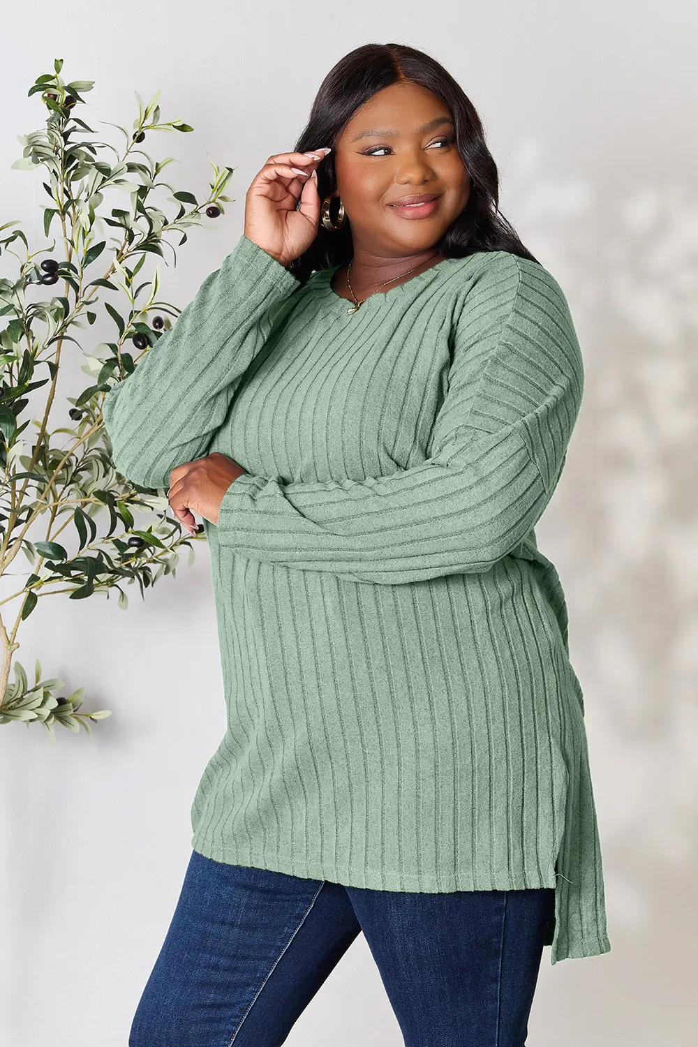 Full Size Ribbed Round Neck Long Sleeve Slit Top, image 13