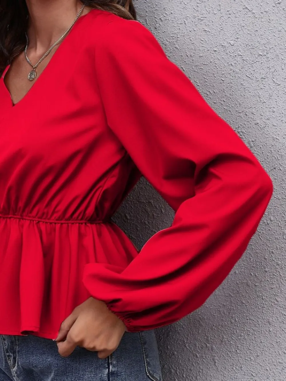 V-Neck Balloon Sleeve Peplum Blouse, image 14
