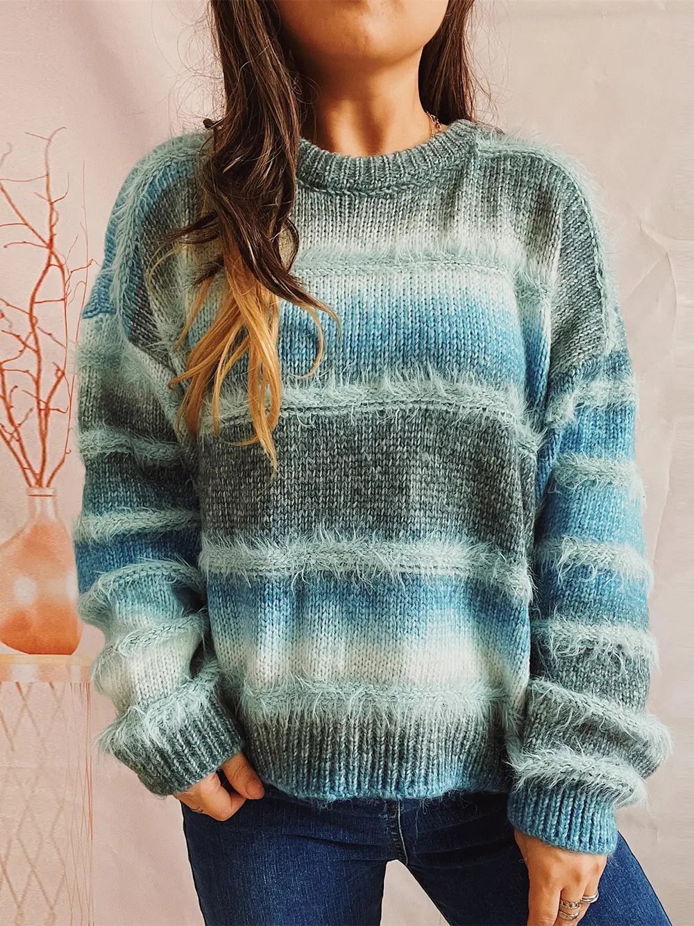 Striped Round Neck Long Sleeve Sweater, image 13