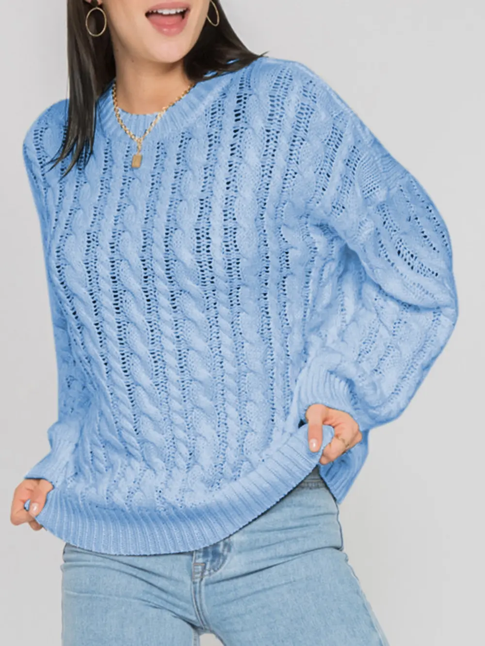 Openwork Round Sleeve Cable-Knit Sweater, image 5