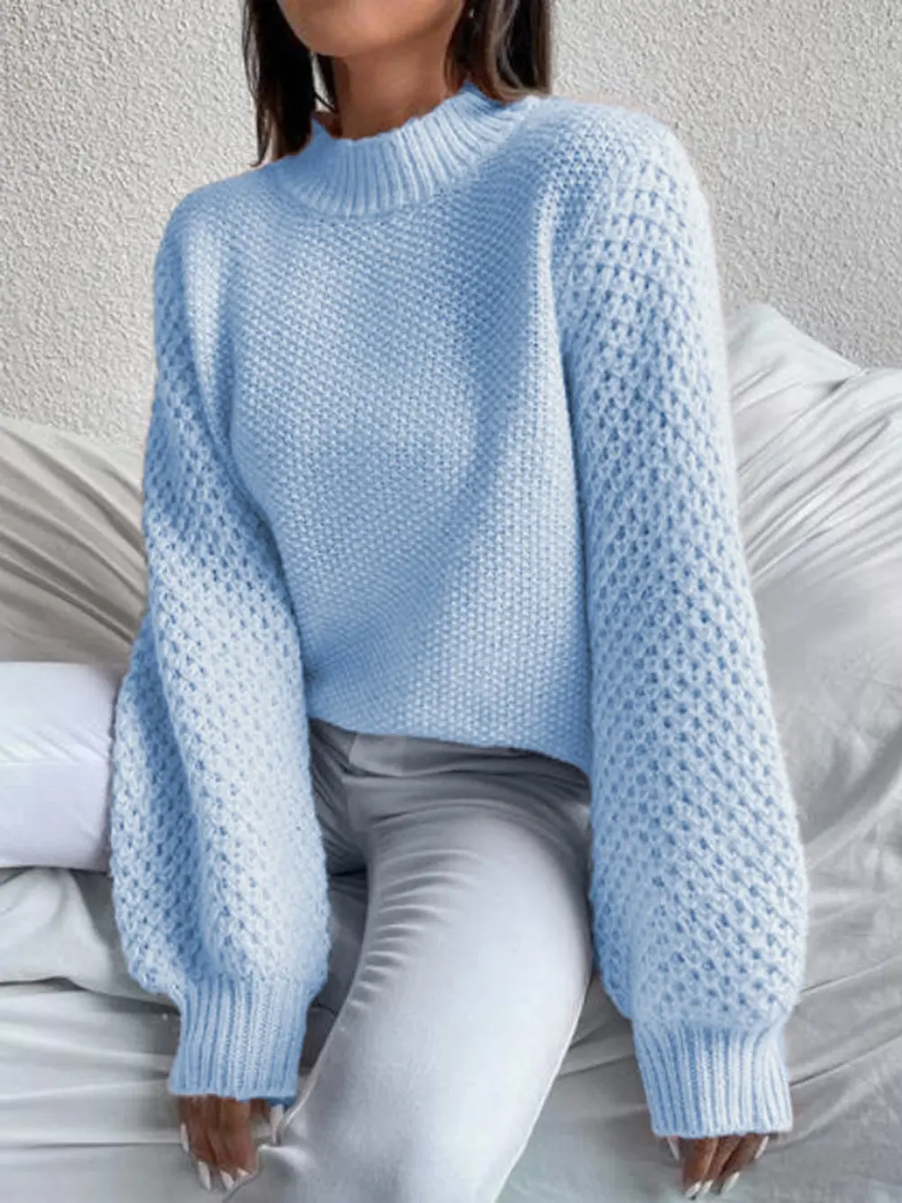 Openwork Mock Neck Long Sleeve Sweater, image 6