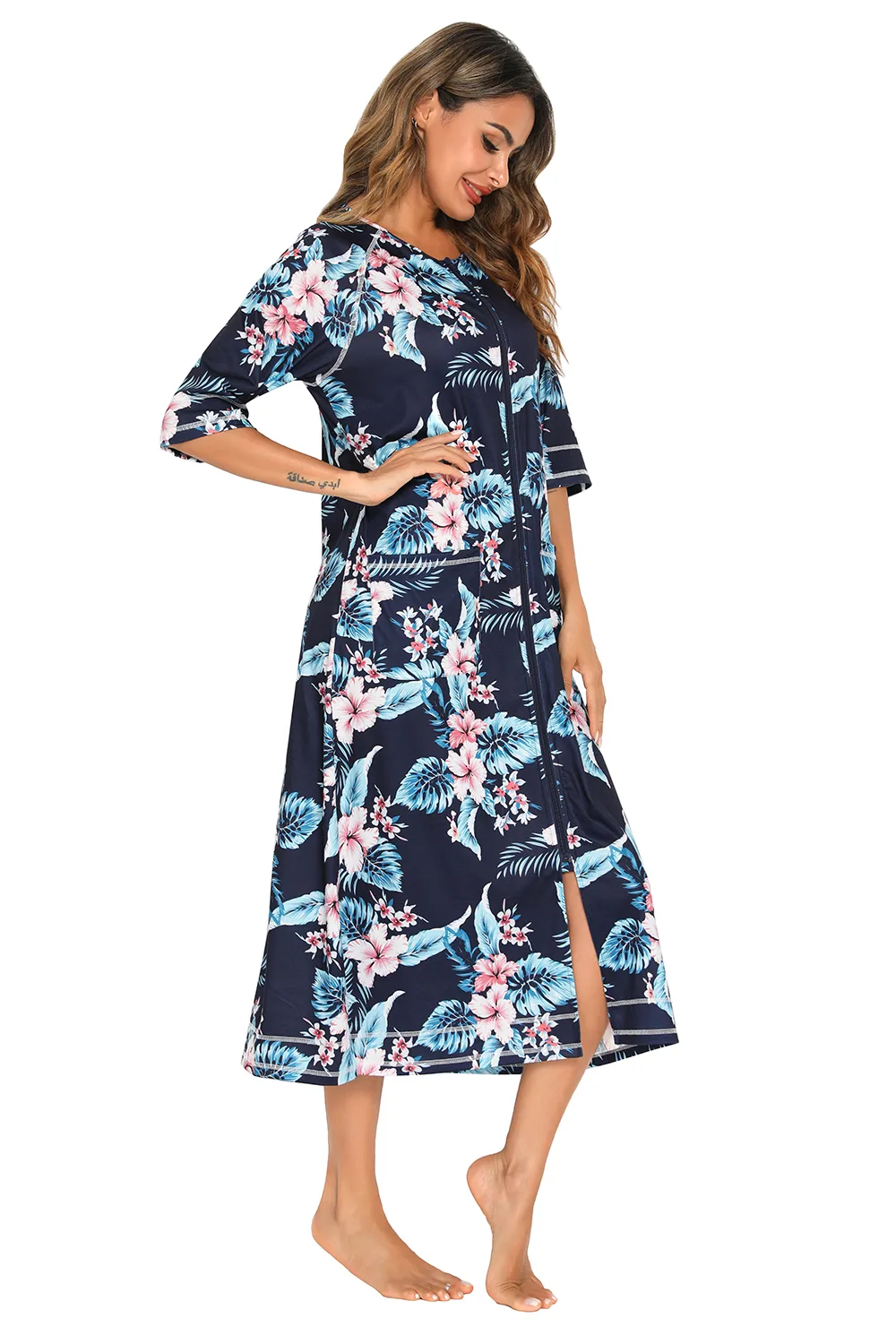 Printed Slit Night Dress with Pockets, image 15