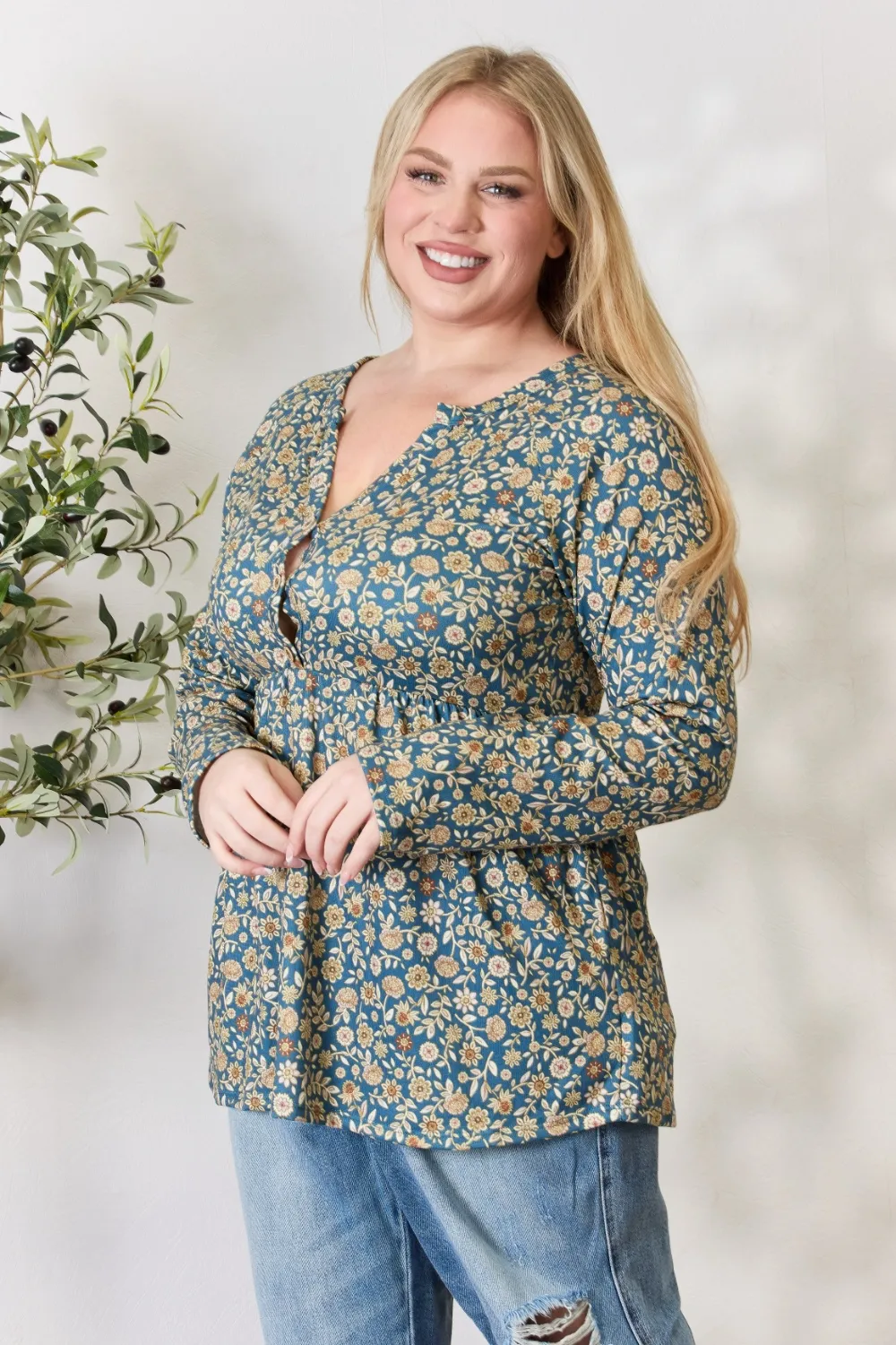 Full Size Floral Half Button Long Sleeve Blouse, image 7