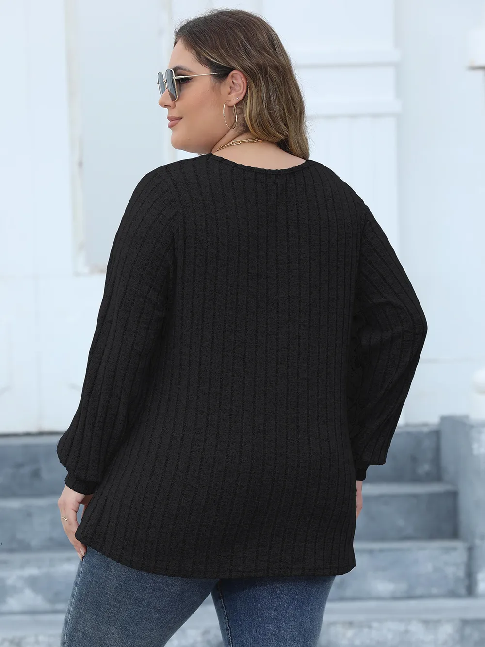 Plus Size Ribbed V-Neck Long Sleeve Top, image 9