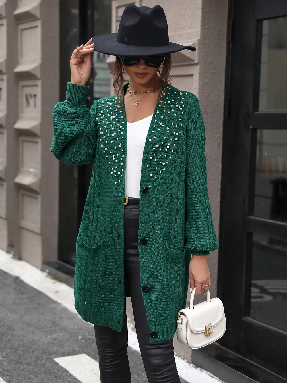 Pearl Detail Cable-Knit Button Up Cardigan, image 3