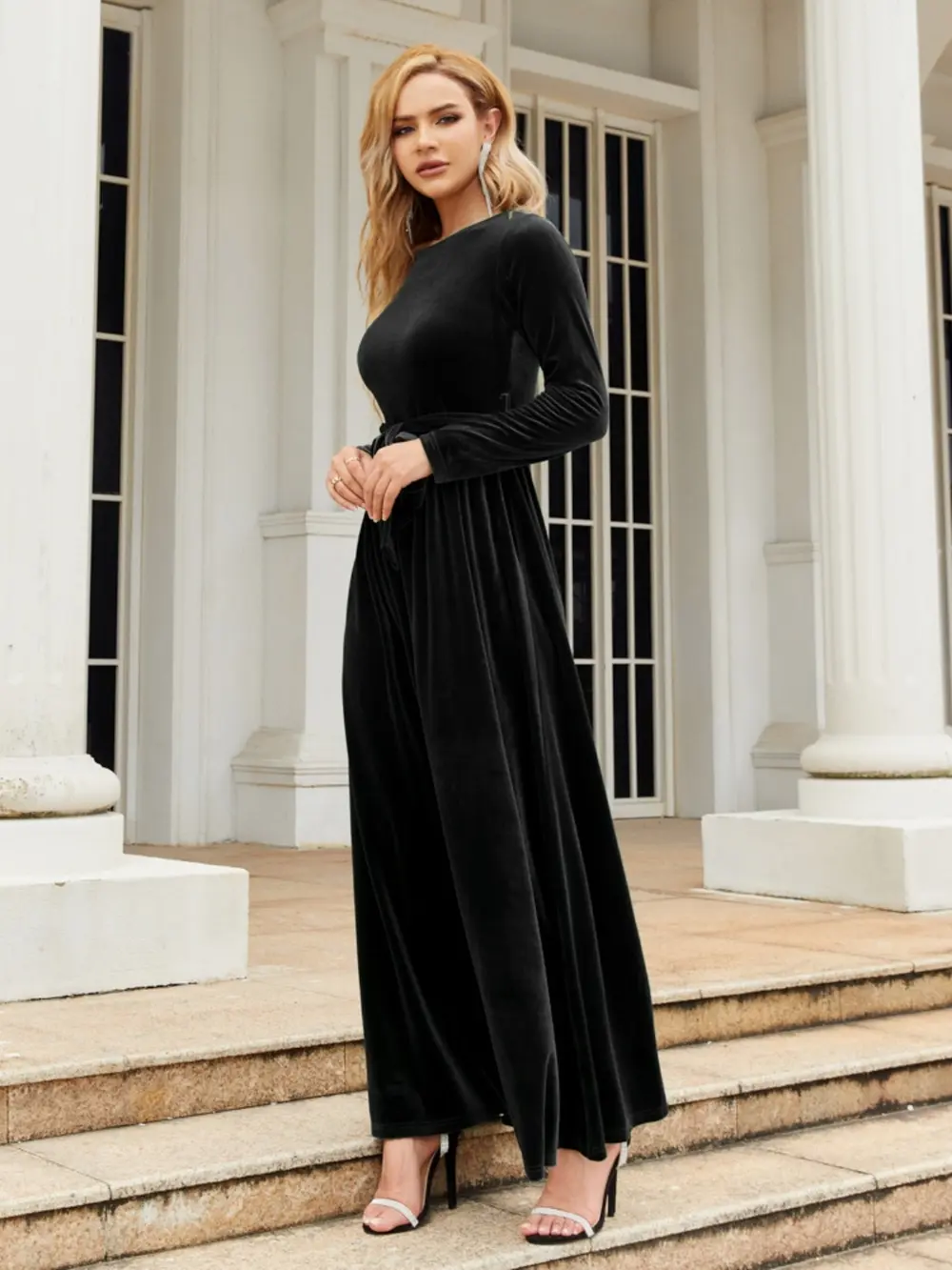 Tie Front Round Neck Long Sleeve Maxi Dress, image 5