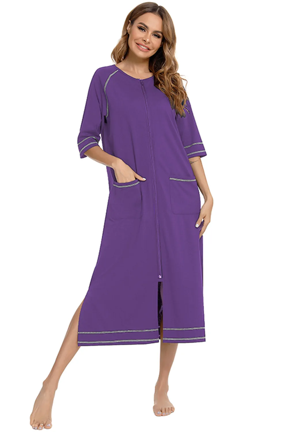 Zip Up Slit Round Neck Night Dress with Pockets, image 12