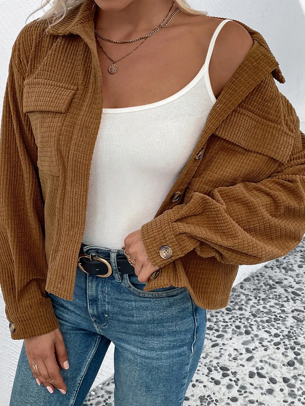 Collared Neck Button Front Jacket with Pockets, image 3