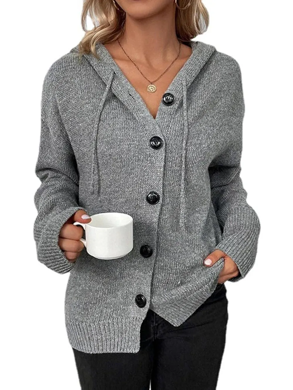 Button Up Drawstring Long Sleeve Hooded Cardigan, image 4