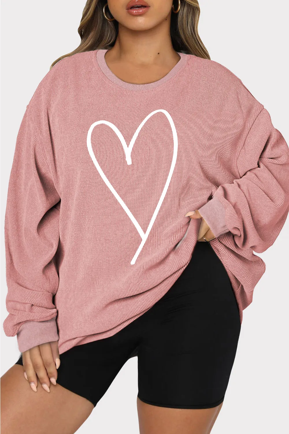 Plus Size Heart Ribbed Round Neck Sweatshirt, image 3